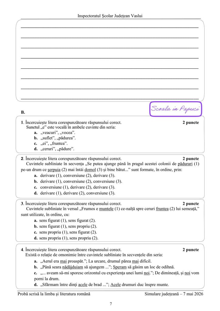 Simulare Evaluarea Națională 2026 - Limba și literatura română - 7 Mai 2026 - ISJ Vaslui - P7