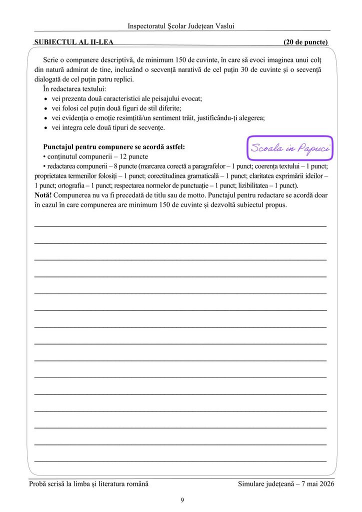 Simulare Evaluarea Națională 2026 - Limba și literatura română - 7 Mai 2026 - ISJ Vaslui - P9