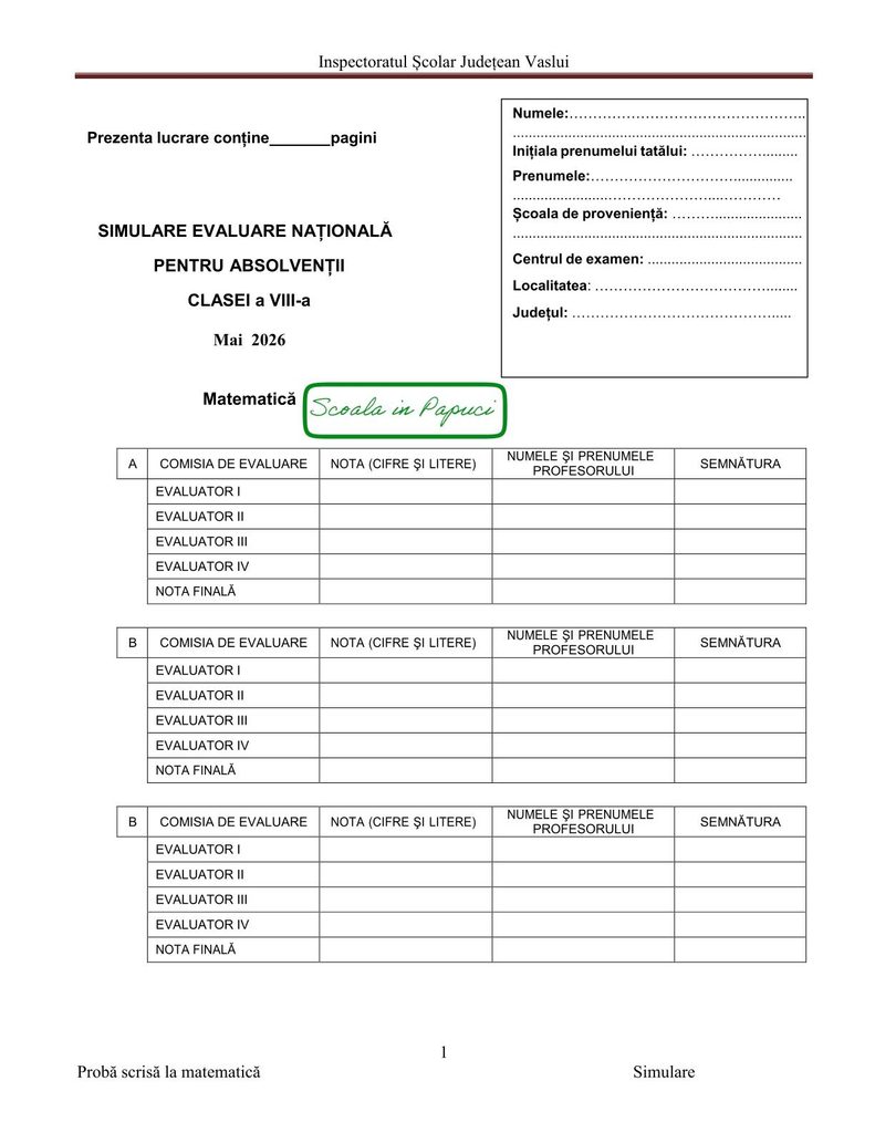 Simulare Evaluarea Națională 2026 - Matematică - 8 Mai 2026 - ISJ Vaslui - P1