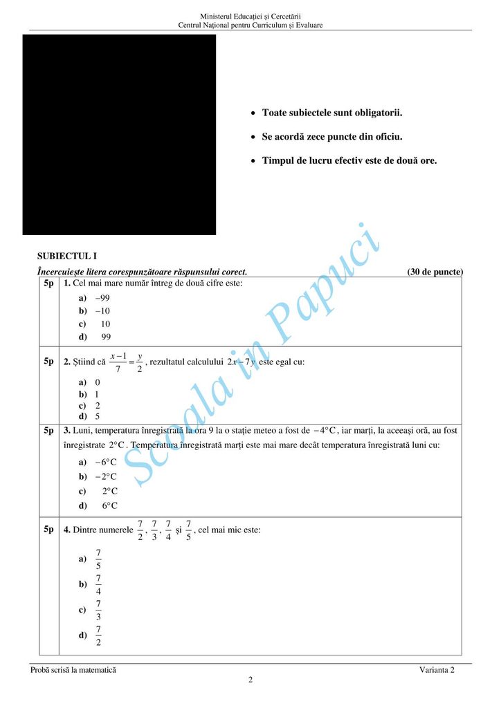 Evaluarea Națională 2025 - Matematică - Varianta de Rezervă - 25 Iunie 2025 - P2