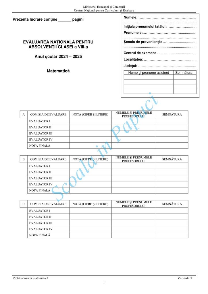 Evaluarea Națională 2025 - Matematică - 25 Iunie 2025 - P1
