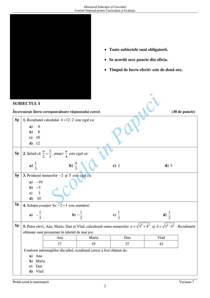 Evaluarea Națională 2025 - Matematică - 25 Iunie 2025 - P2