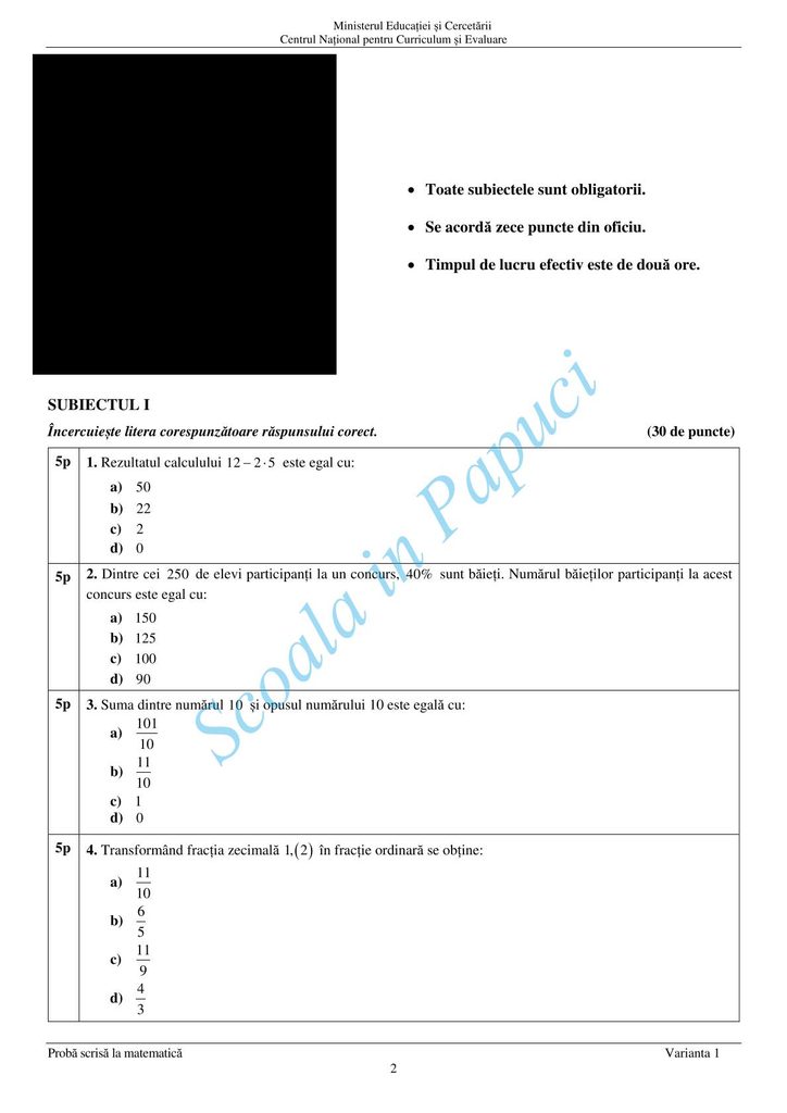 Evaluarea Națională 2026 - Matematică - 24 Iunie 2026 - P2