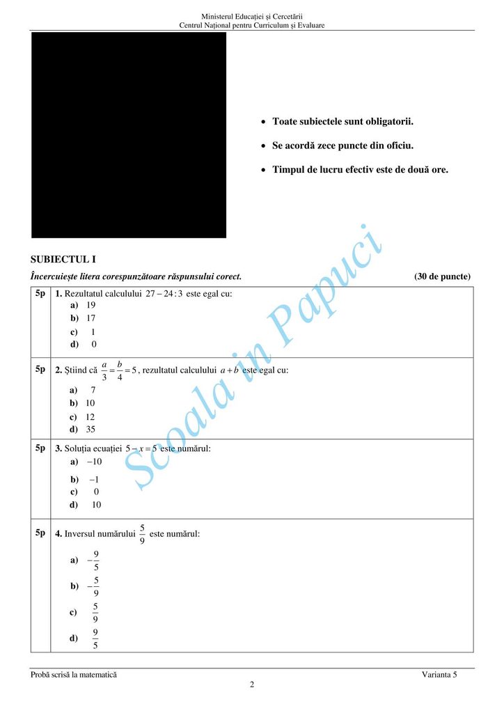 Evaluarea Națională 2026 - Matematică - Varianta de Rezervă - 24 Iunie 2026 - P2