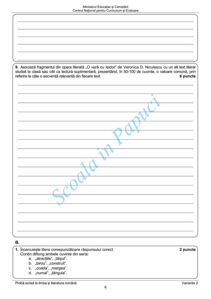 Evaluarea Națională 2025 - Limba și literatura română - Varianta de Rezervă - 23 Iunie 2025 - P6