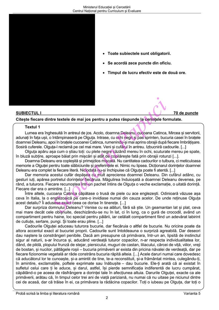 Evaluarea Națională 2026 - Limba și literatura română - Varianta de Rezervă - 22 Iunie 2026 - P2
