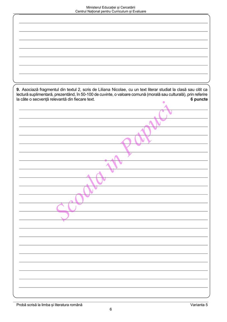 Evaluarea Națională 2026 - Limba și literatura română - Varianta de Rezervă - 22 Iunie 2026 - P6