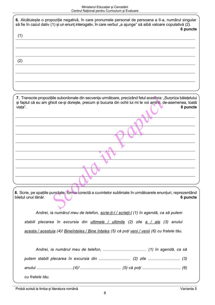 Evaluarea Națională 2026 - Limba și literatura română - Varianta de Rezervă - 22 Iunie 2026 - P8