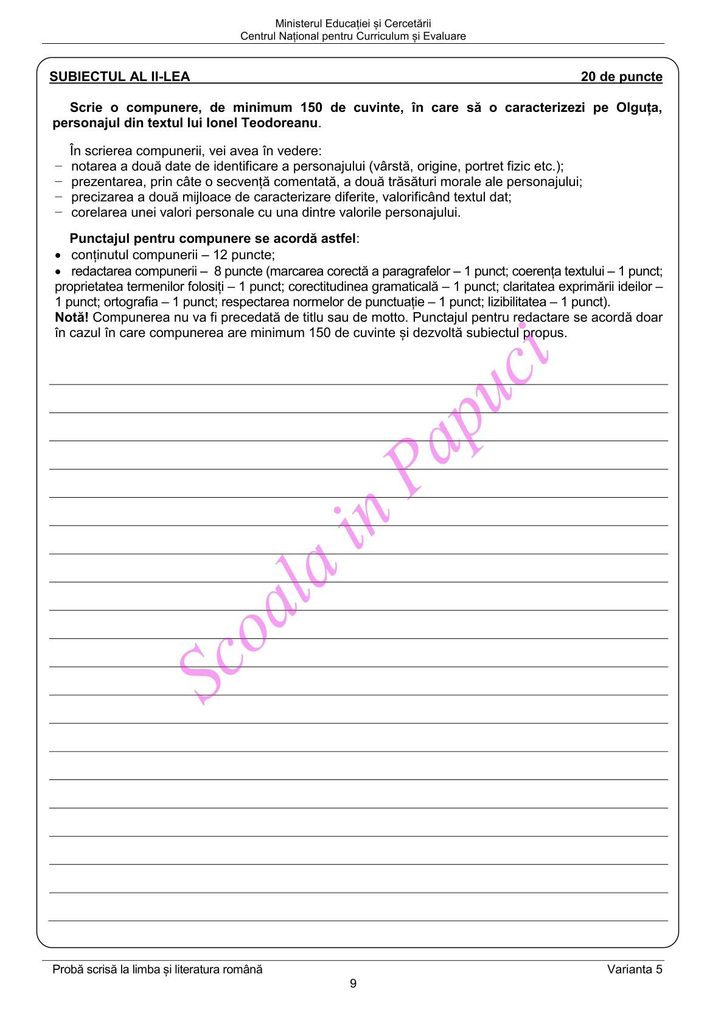 Evaluarea Națională 2026 - Limba și literatura română - Varianta de Rezervă - 22 Iunie 2026 - P9